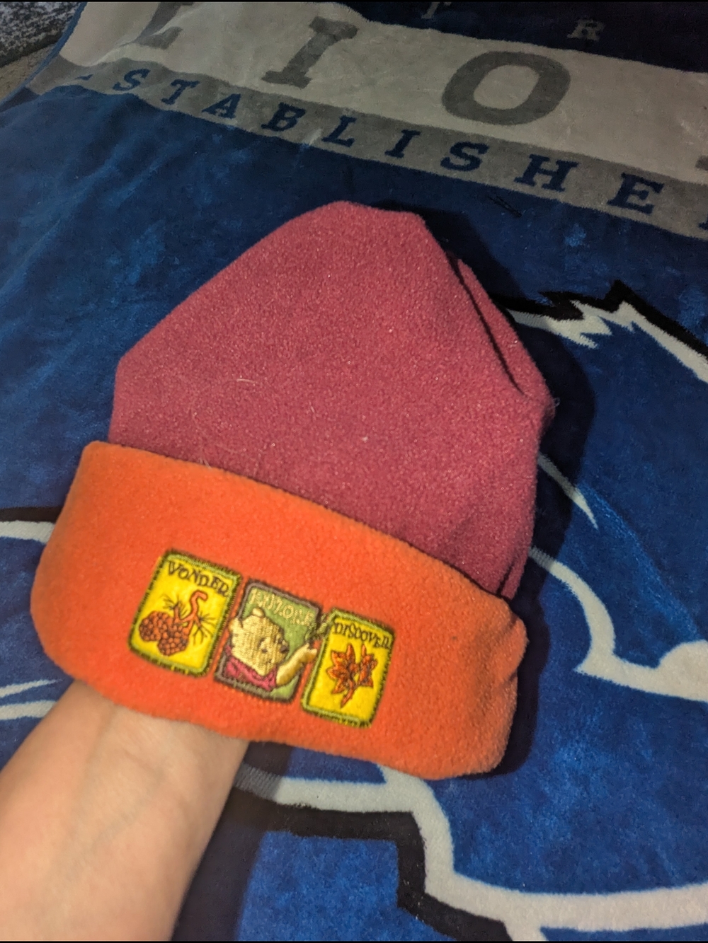 Disney Kids Fleece Beanie Hat in Pink & Orange with Embroidered Patches